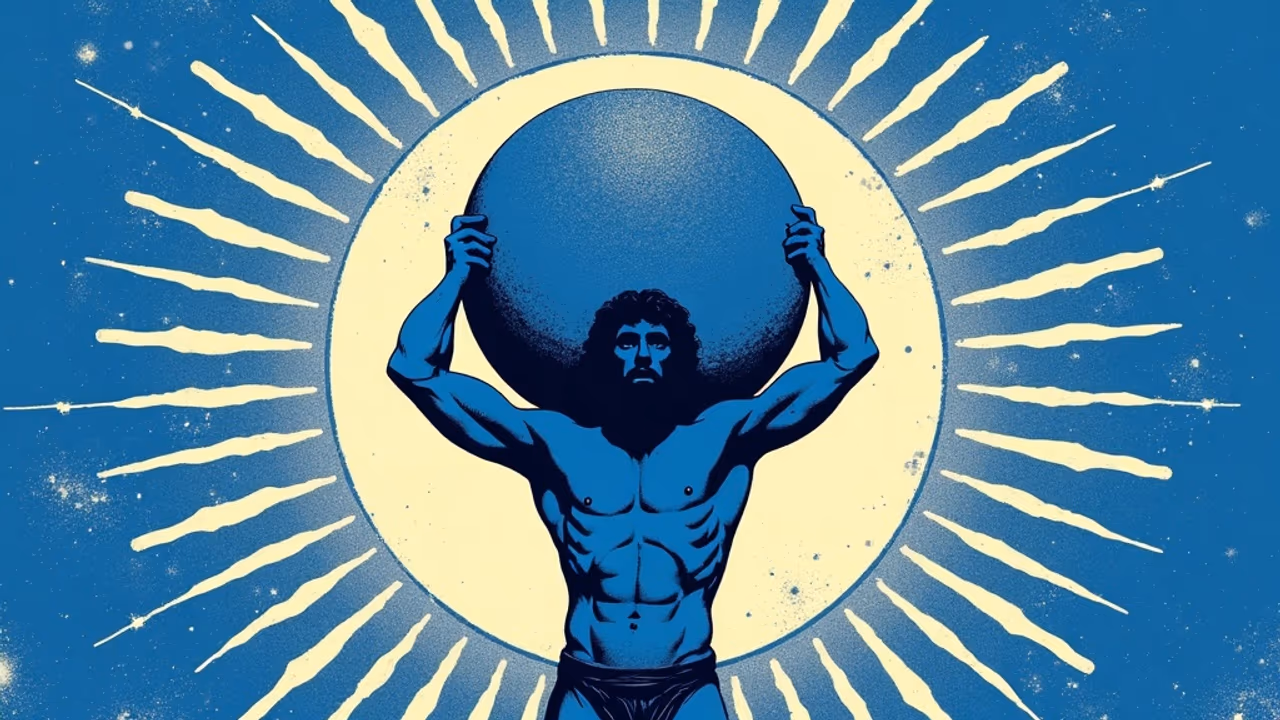 Screen-print illustration of Atlas holding a celestial sphere, electric ultramarine blue